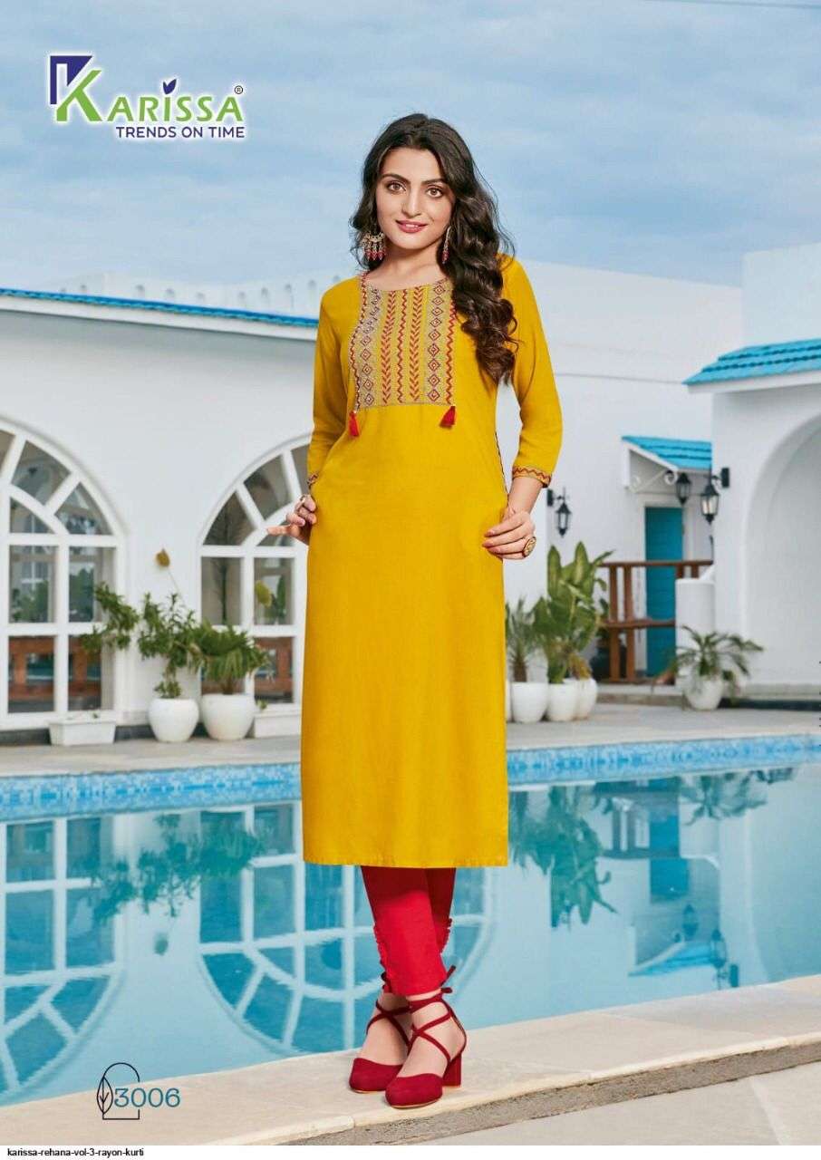 REHANA VOL 3 PREMIUM RAYON LIVA TAGS THREAD WORK AND HANDWORK KURTI WITH POCKET AND OTHER PATTERNS BY KARISSA 3005
